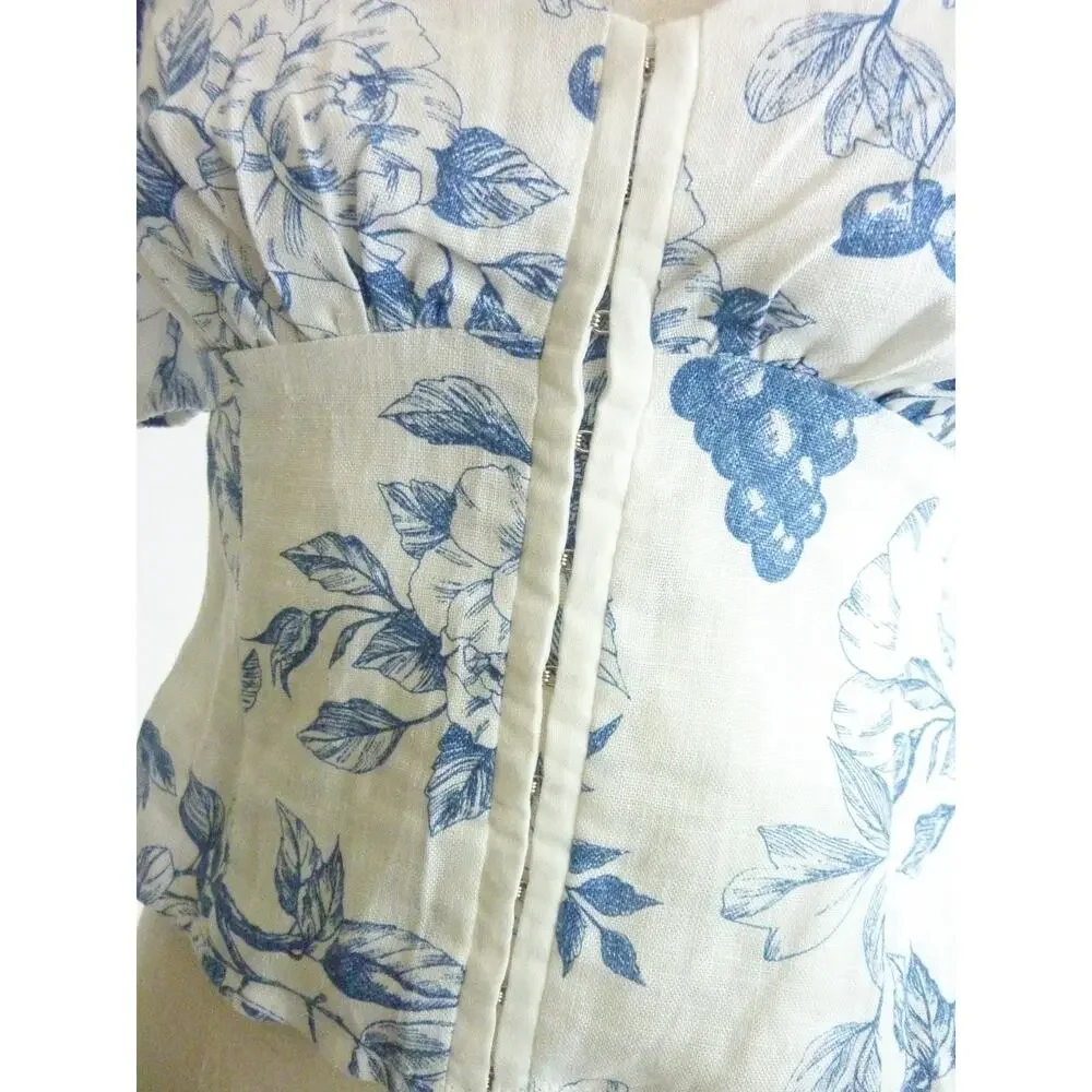 Reformation Rome Linen Top 2 Womens White Blue Floral Grape Blouse Bustier Puff